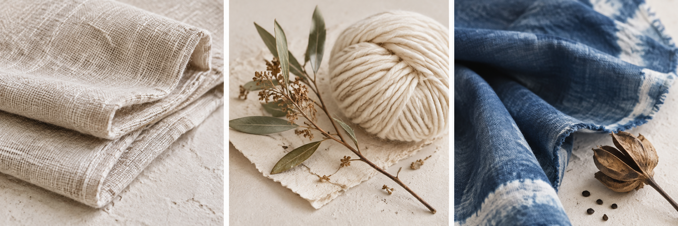 Three editorial studies of natural textiles: raw linen, wool yarn with a botanical branch, and indigo cotton.